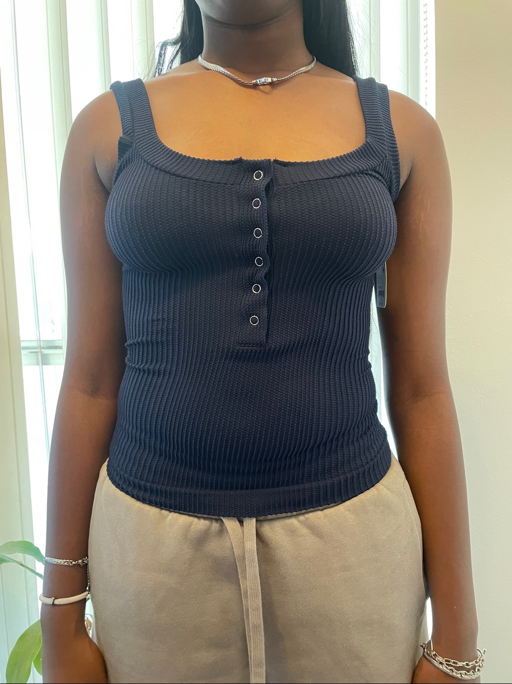 Ribbed Button-Front Tank Top -